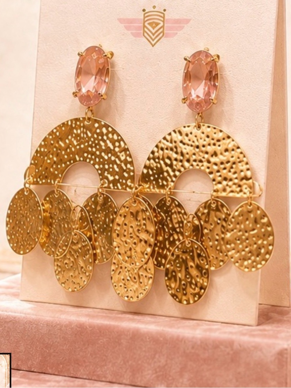 Pink Crystal & Gold Hammered Drop Earrings